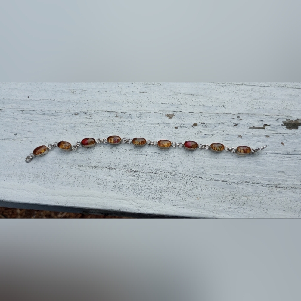 Vintage 925 silver bracelet, Amber Color with tiny flowers